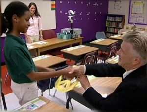 david lynch at school - participating in his foundation's work -- visiting students in quiet time program transcendental meditation